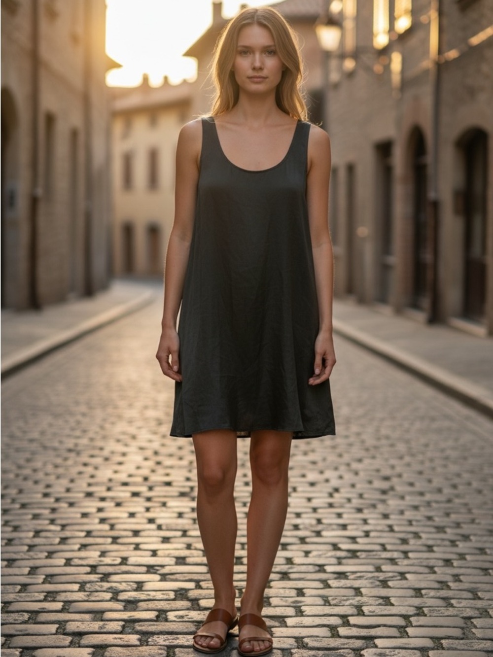 Olive Green Shift Dress Small Sleeveless Flowy Minimal Tank Dress Casual Midi